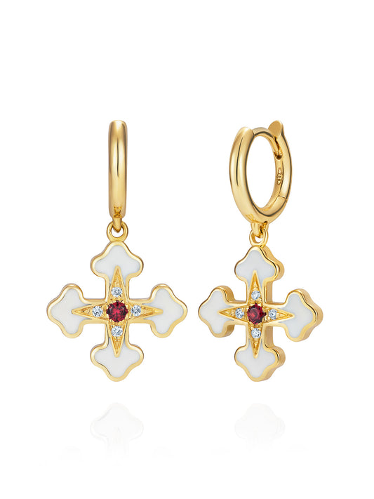Doris Fleury White Enamel Cross Mini Hoops