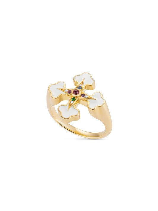 Doris Fleury White Enamel Cross Ring