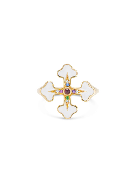 Doris Fleury White Enamel Cross Ring