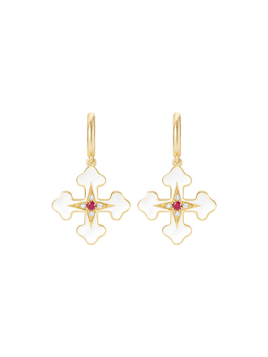 Doris Fleury White Enamel Cross Mini Hoops