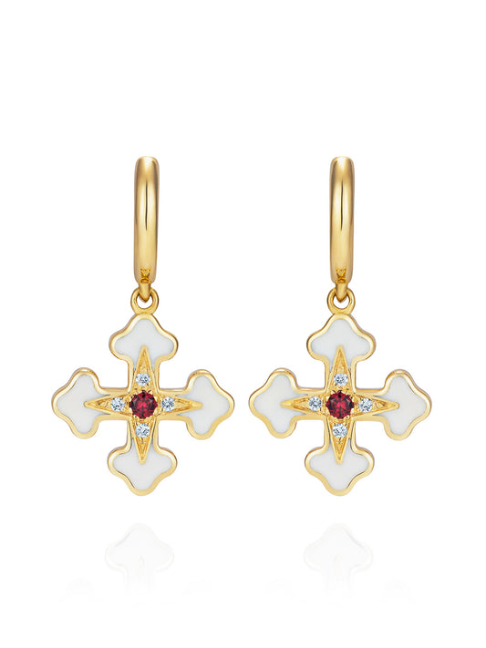 Doris Fleury White Enamel Cross Mini Hoops