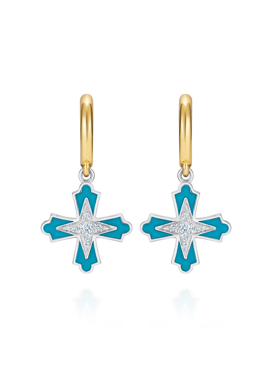 Doris Moline Aqua Enamel Cross Mini Hoops