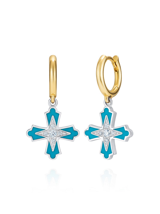 Doris Moline Aqua Enamel Cross Mini Hoops