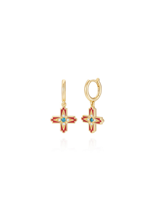 Doris Aegean Coral Enamel Crosses on Mini Hoops