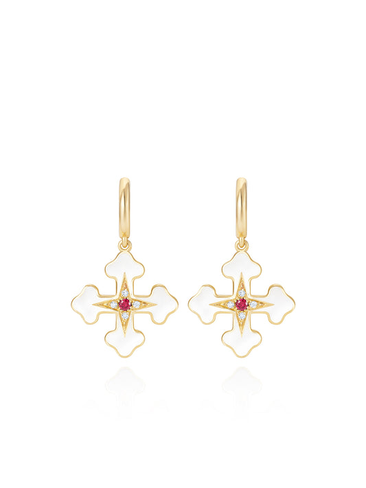 Doris Fleury White Enamel Cross Mini Hoops
