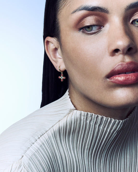 Doris Aegean Coral Enamel Crosses on Mini Hoops