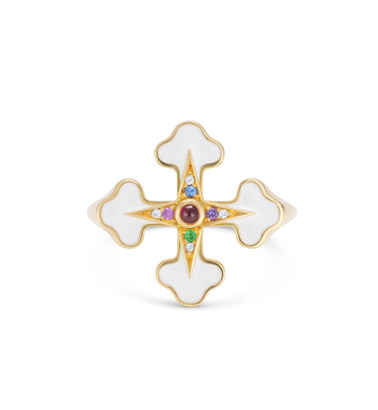 Doris Fleury White Enamel Cross Ring