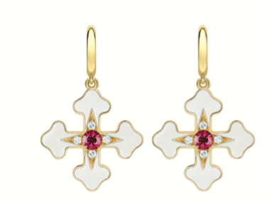 Doris Fleury White Enamel Cross Mini Hoops